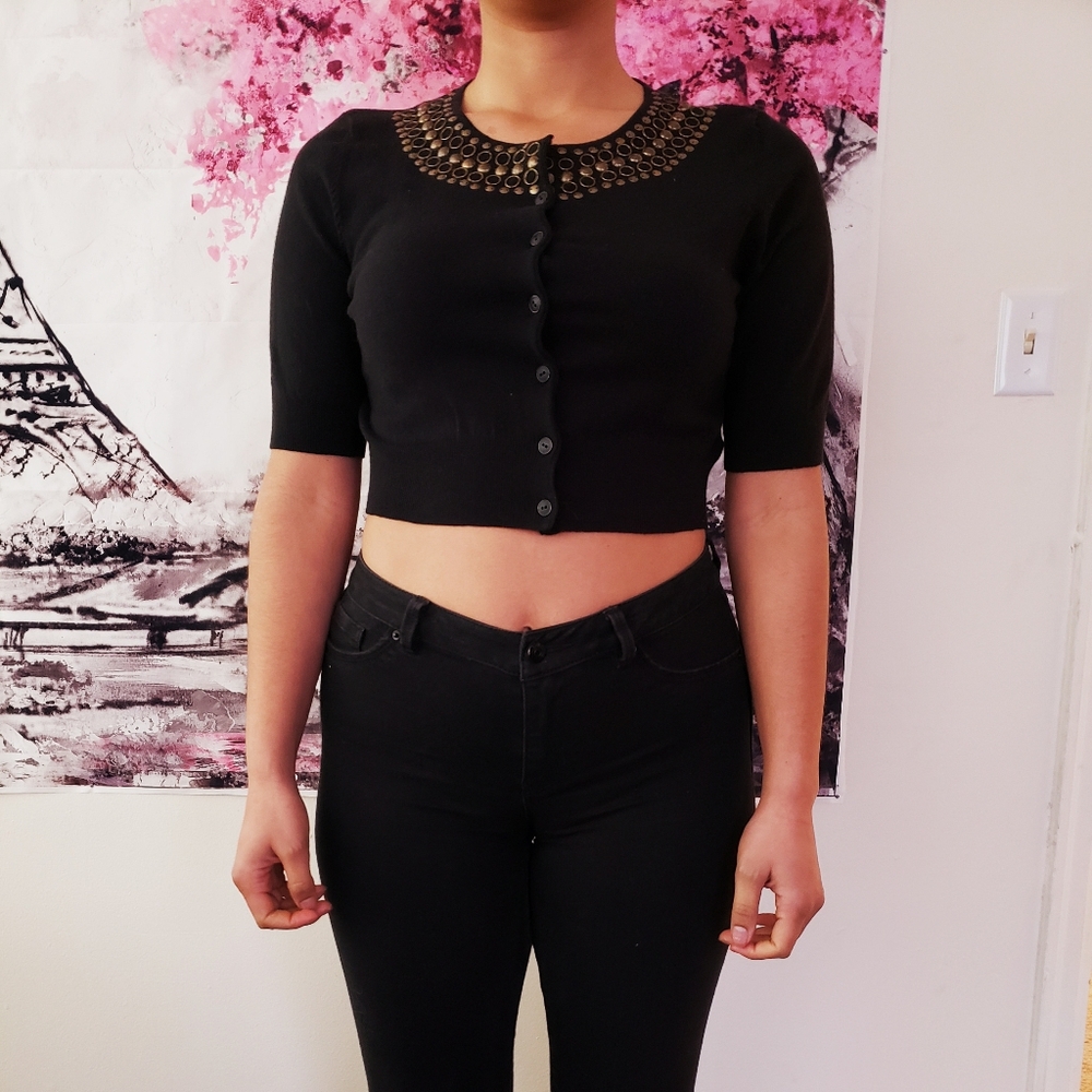 Black embellished crop top with buttons